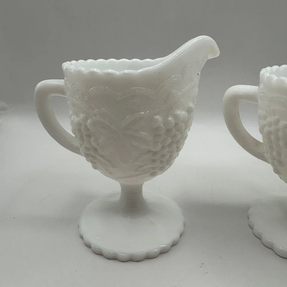 Imperial Glass Cream and Sugar Set White Milk Glass Vintage Grape Pattern Footed